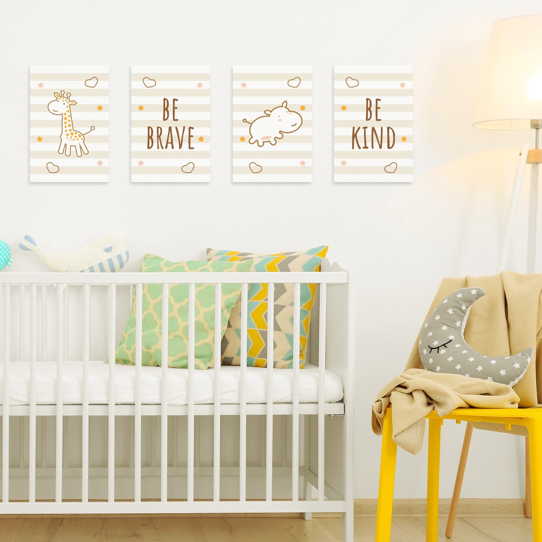 Placa Decorativa Girafa e Hipopótamo Marrom Kit 4un 30x40cm