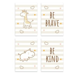 Placa Decorativa Girafa e Hipopótamo Marrom Kit 4un 20x30cm