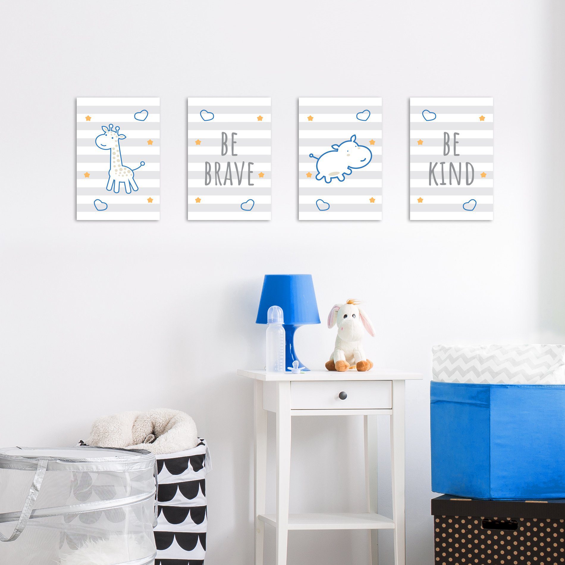 Placa Decorativa Girafa e Hipopótamo Azul Kit 4un 20x30cm