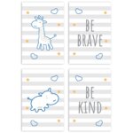 Placa Decorativa Girafa e Hipopótamo Azul Kit 4un 20x30cm