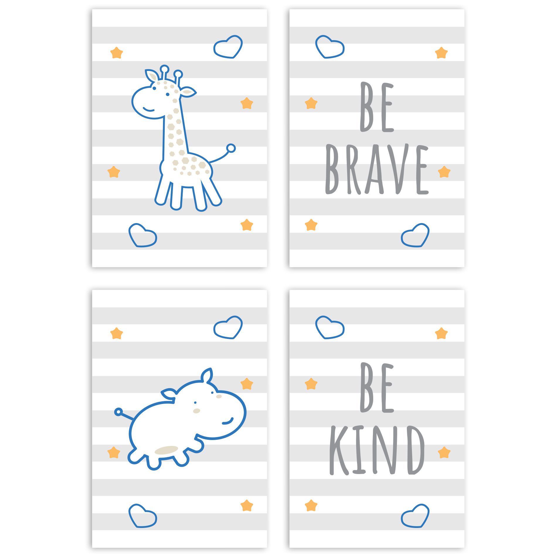 Placa Decorativa Girafa e Hipopótamo Azul Kit 4un 30x40cm