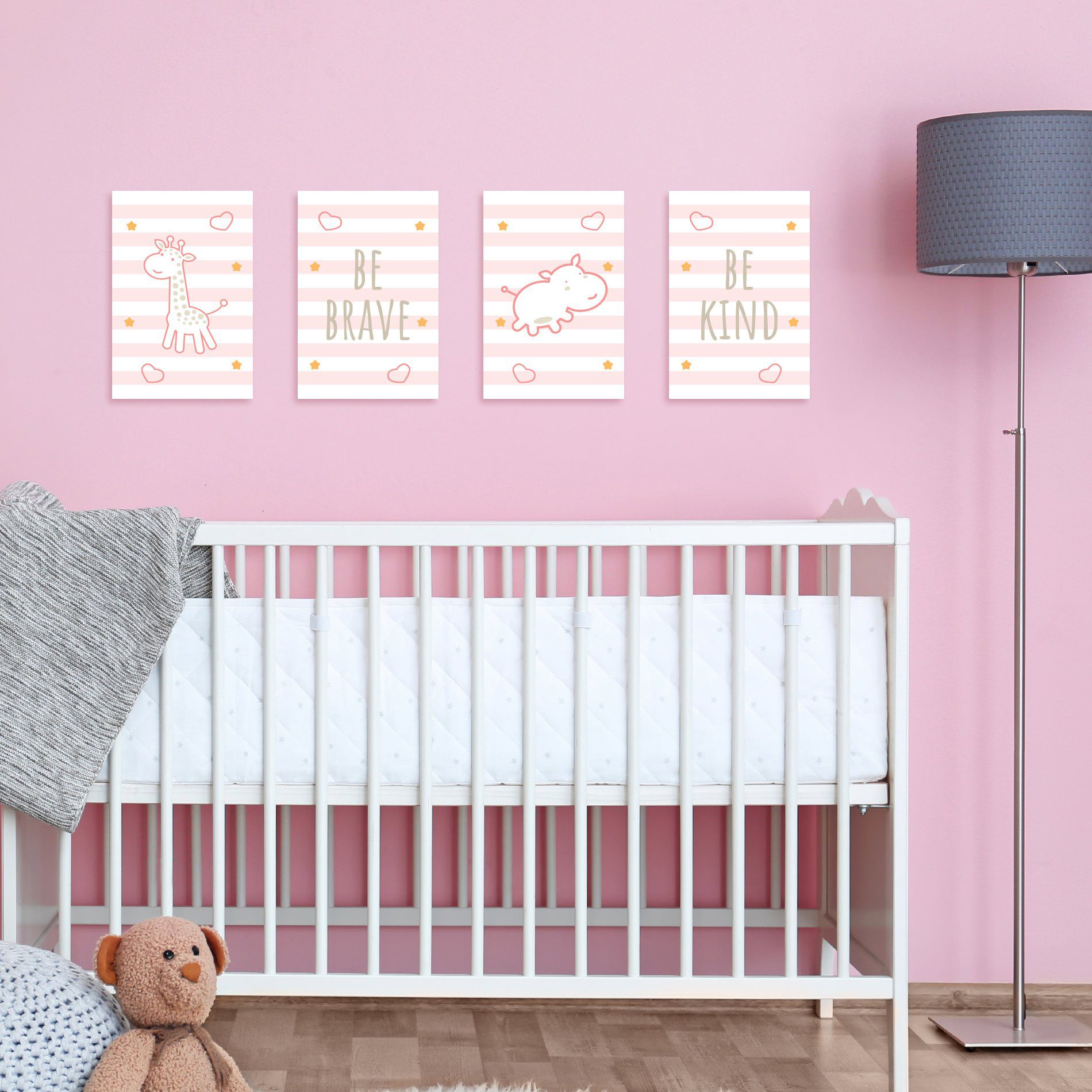 Placa Decorativa Girafa e Hipopótamo Rosa Kit 4un 20x30cm