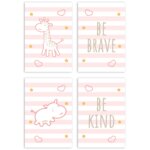 Placa Decorativa Girafa e Hipopótamo Rosa Kit 4un 20x30cm
