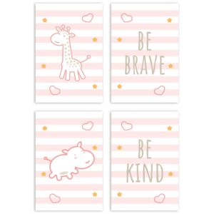 Placa Decorativa Girafa e Hipopótamo Rosa Kit 4un 30X40cm