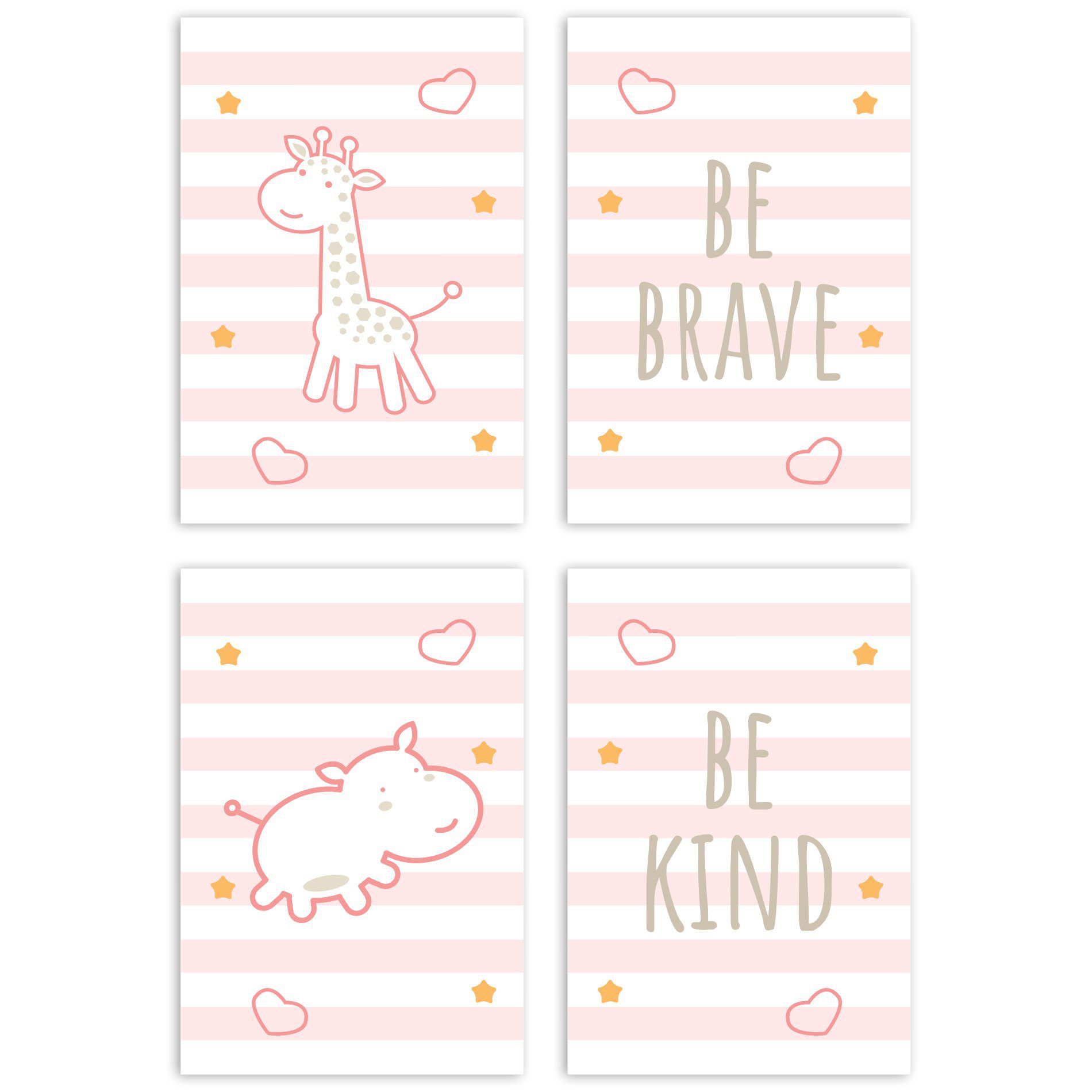 Placa Decorativa Girafa e Hipopótamo Rosa Kit 4un 30X40cm