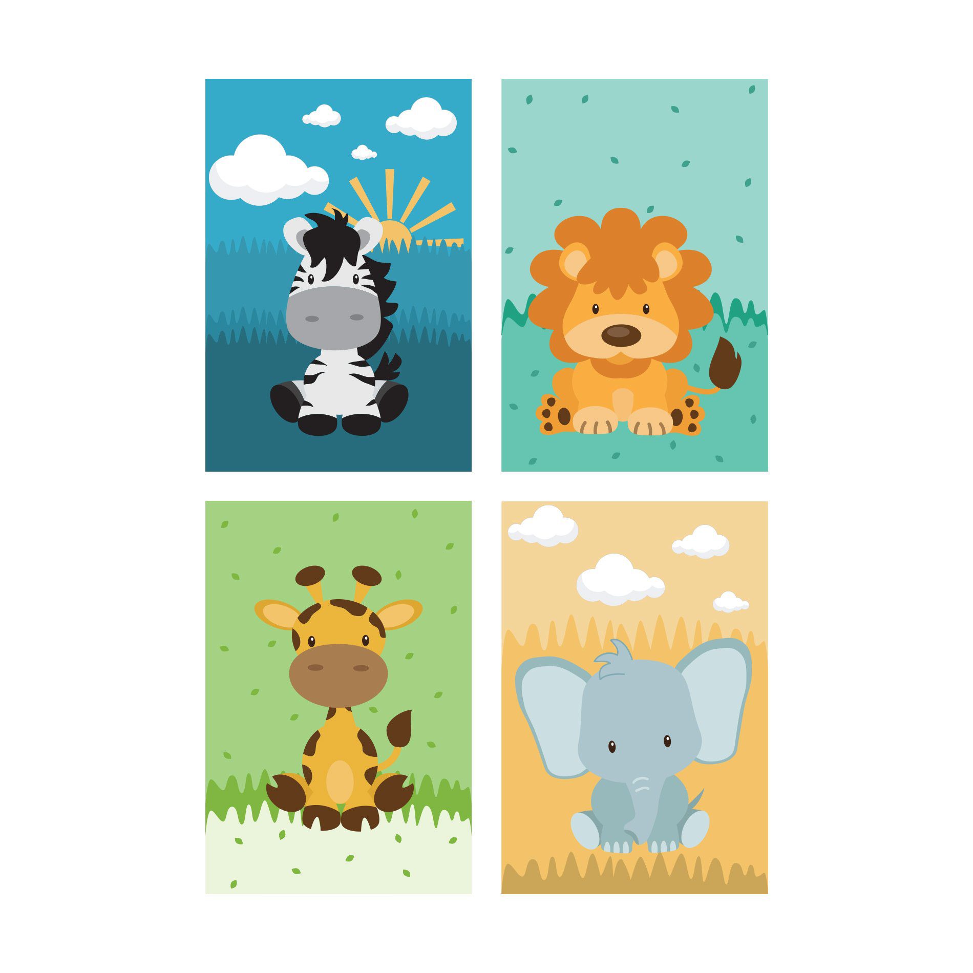 Imagem das 4 placas decorativas infantis retangulares em MDF com ilustrações de animais do safari, mostrando detalhes das placas.