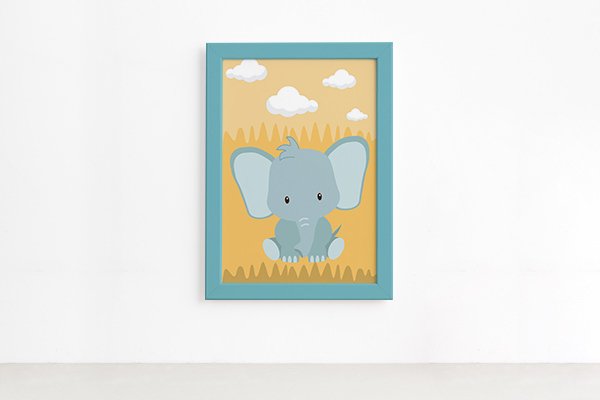 Quadro infantil Safari Elefante com moldura azul em MDF, ideal para decoração de quarto infantil.