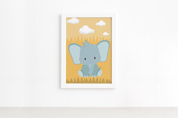 Quadro Infantil Safari Elefante Quarto Moldura Branca