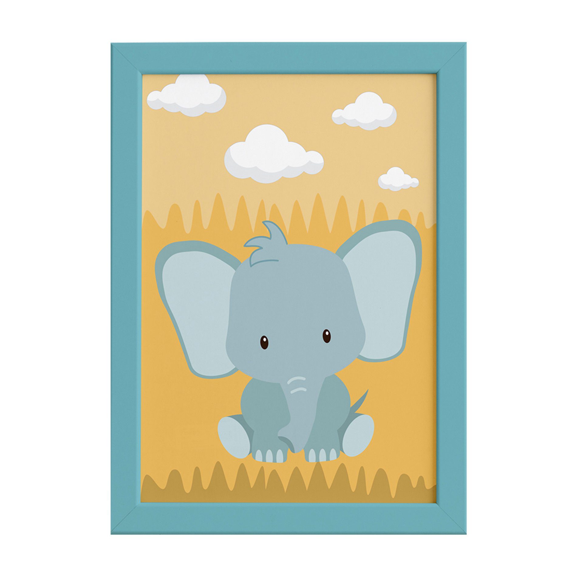 Quadro Infantil Safari Elefante Quarto Moldura Azul