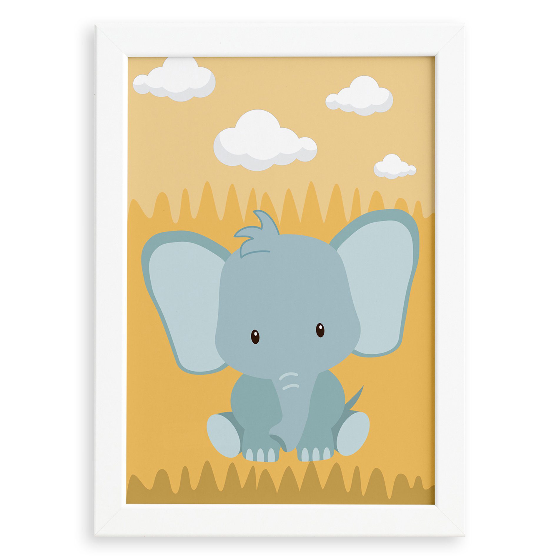 Quadro Infantil Safari Elefante Quarto Moldura Branca