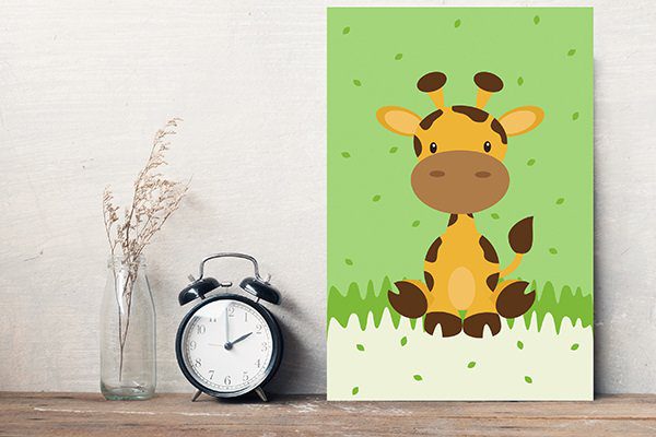 Placa decorativa infantil Safari Girafa MDF 30x40cm mostrando detalhes e dimensões.