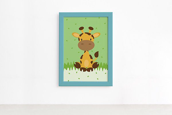 Quadro Infantil Safari Girafa para Quarto Moldura Azul