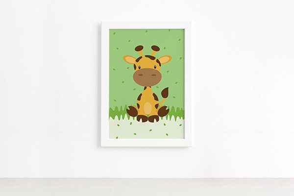 Quadro Infantil Safari Girafa Quarto Moldura Branca