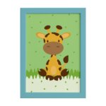 Quadro Infantil Safari Girafa para Quarto Moldura Azul 22x32