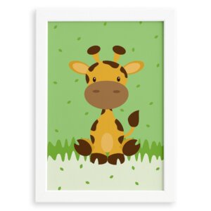 Quadro Infantil Safari Girafa Quarto Moldura Branca