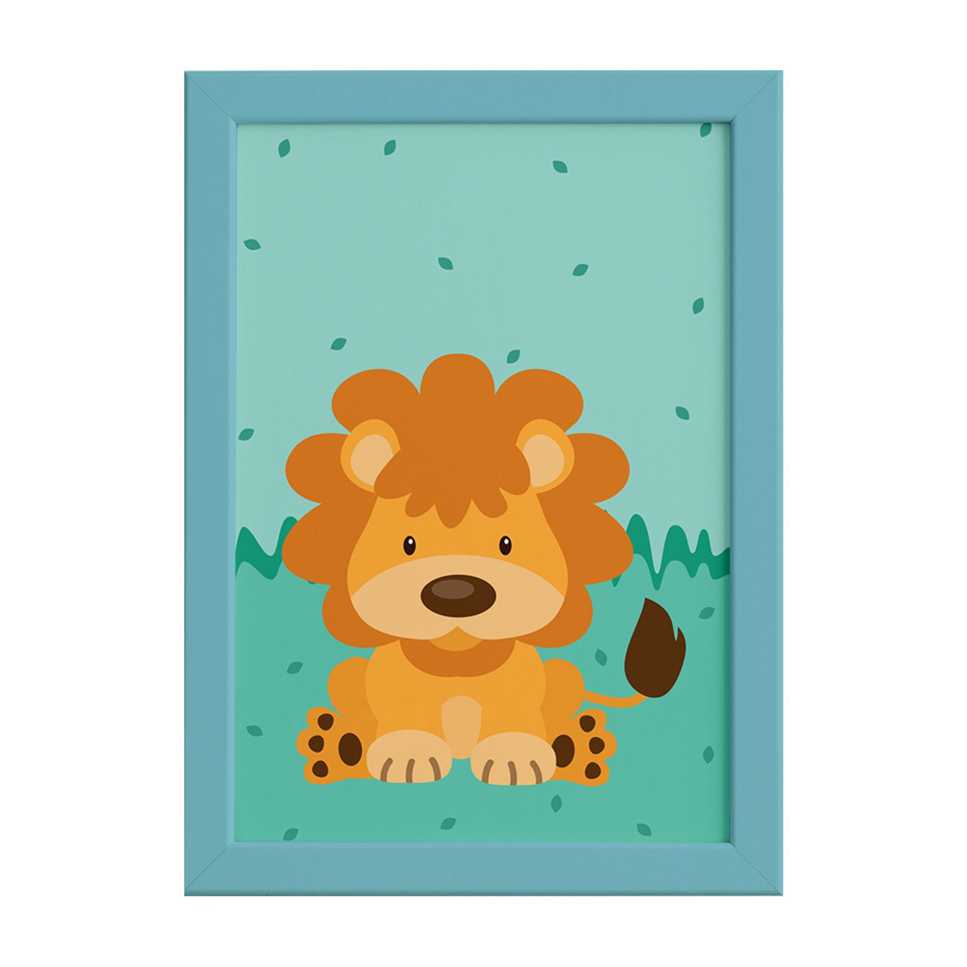 Quadro Infantil Safari Leão para Quarto Moldura Azul