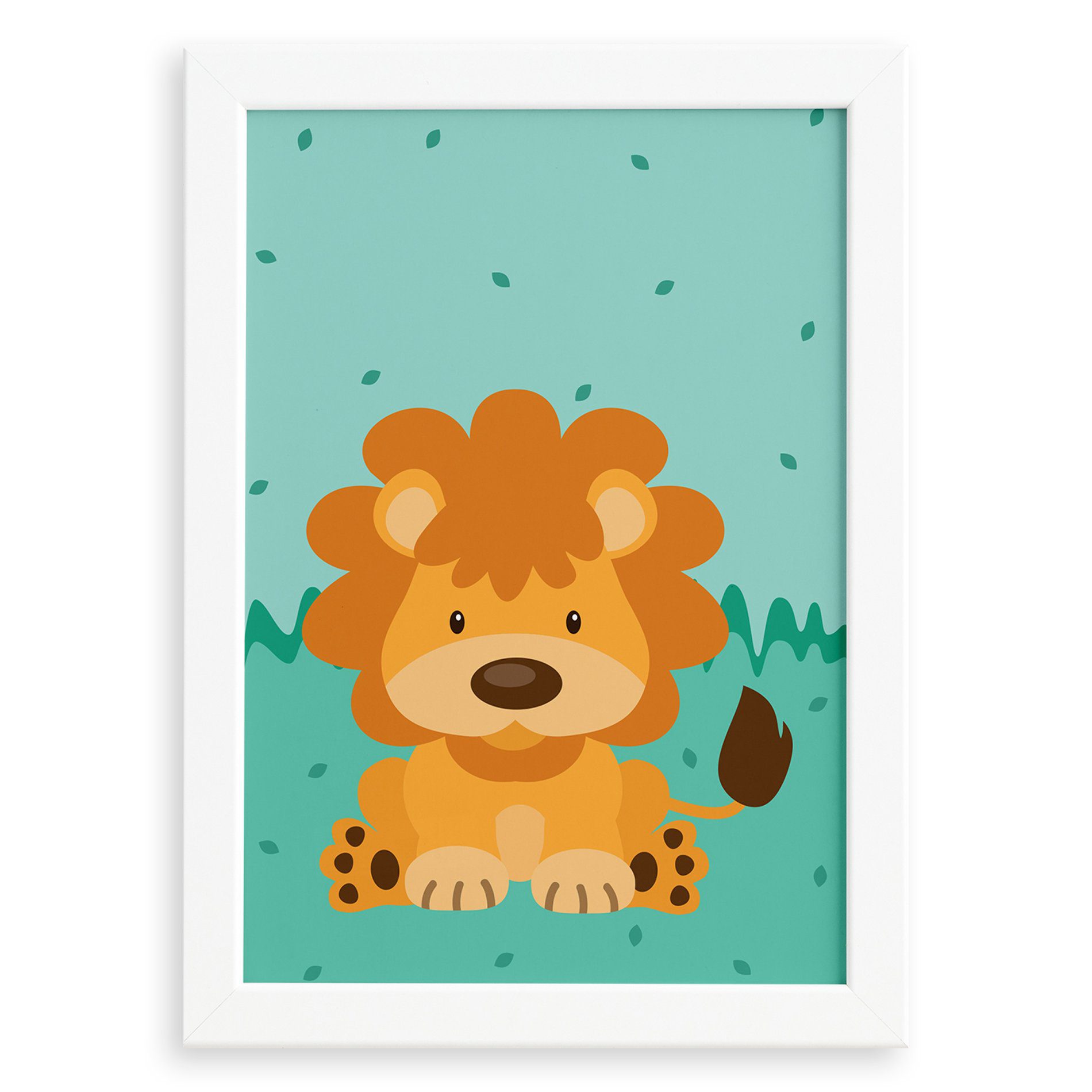 Quadro Infantil Safari Leão Quarto Moldura Branca