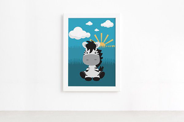 Quadro Infantil Safari Zebra para Quarto Moldura Branca
