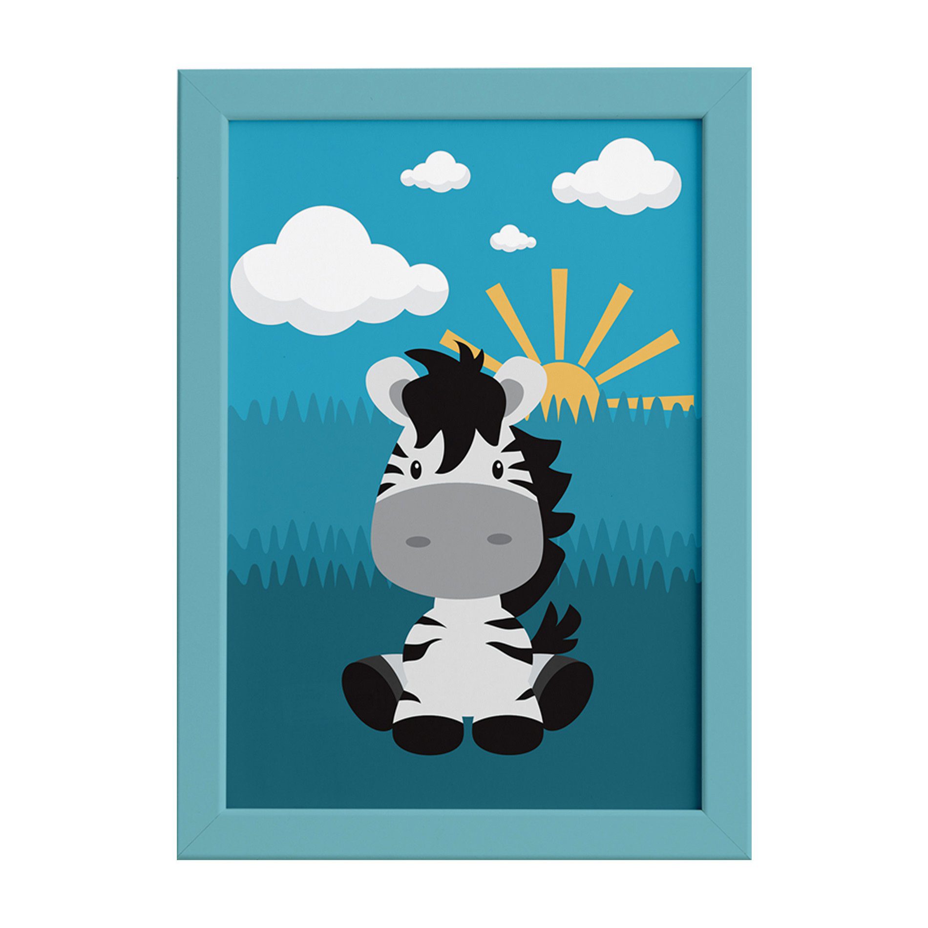  Quadro Infantil Safari Zebra para Quarto Moldura Azul 