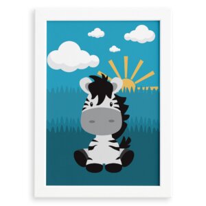 Quadro Infantil Safari Zebra para Quarto Moldura Branca