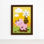 Quadro Porquinho Animais Fazenda Feliz Moldura Marrom 33x43