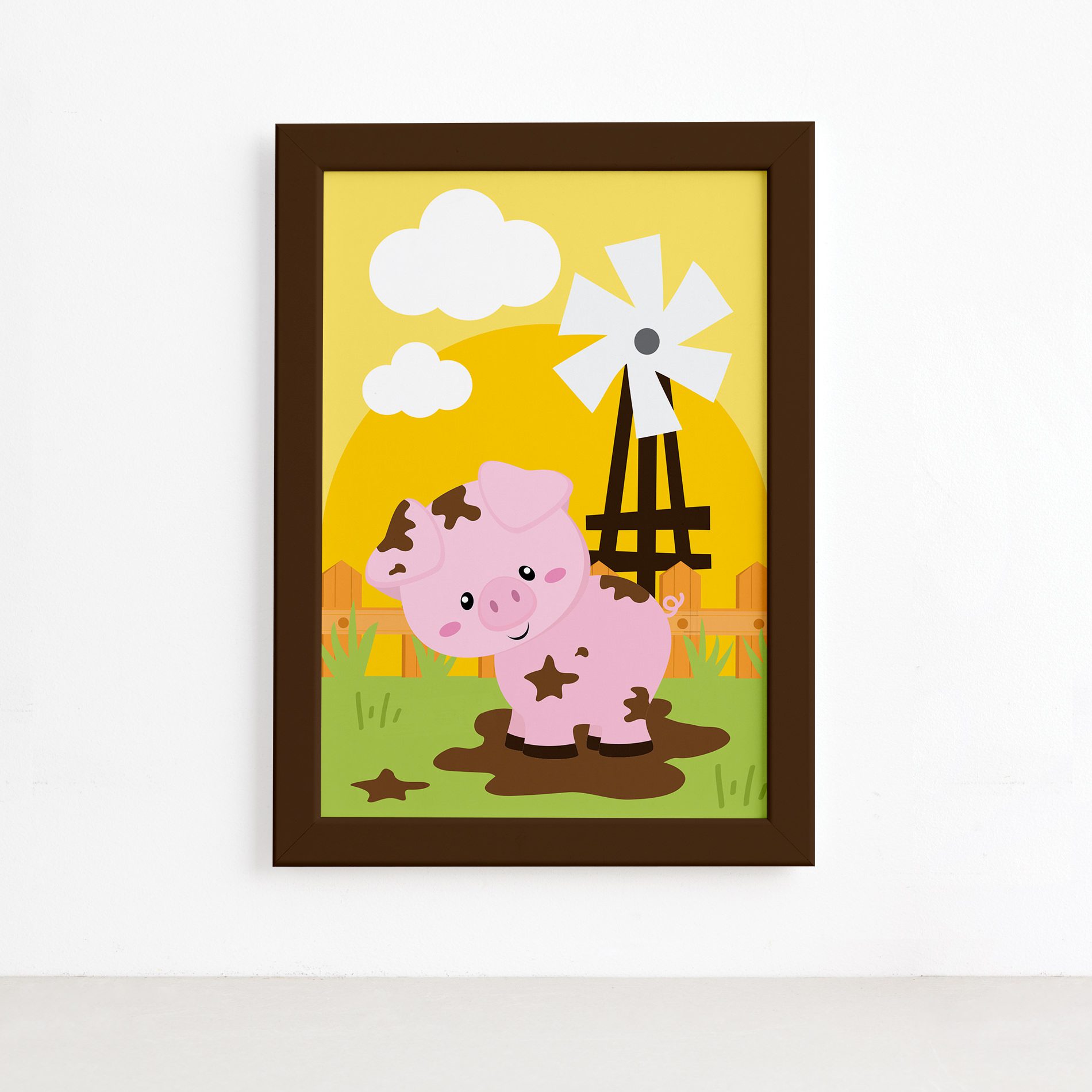 Quadro Porquinho Animais Fazenda Feliz Moldura Marrom 22x32,Quadro Porquinho Animais Fazenda Feliz Moldura Marrom 22x32