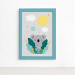Quadro Urso Coala e Estrelas Moldura Azul 22x32cm