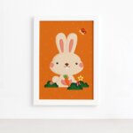 Quadro Infantil Coelho e Borboleta Moldura Branca 22x32cm