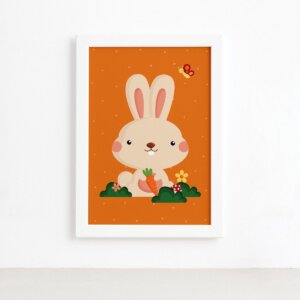 Quadro Infantil Coelho e Borboleta Moldura Branca 22x32cm
