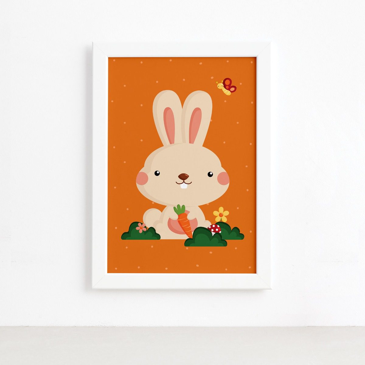 Quadro Infantil Coelho e Borboleta Moldura Branca 33x43cm