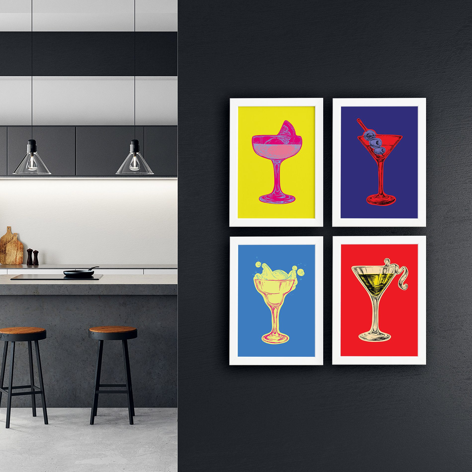Kit de 4 quadros decorativos retangulares com moldura branca e ilustrações pop art, mostrando dimensões e detalhes do produto.