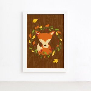 Quadro Infantil Raposa e Folhas Moldura Branca 33x43cm
