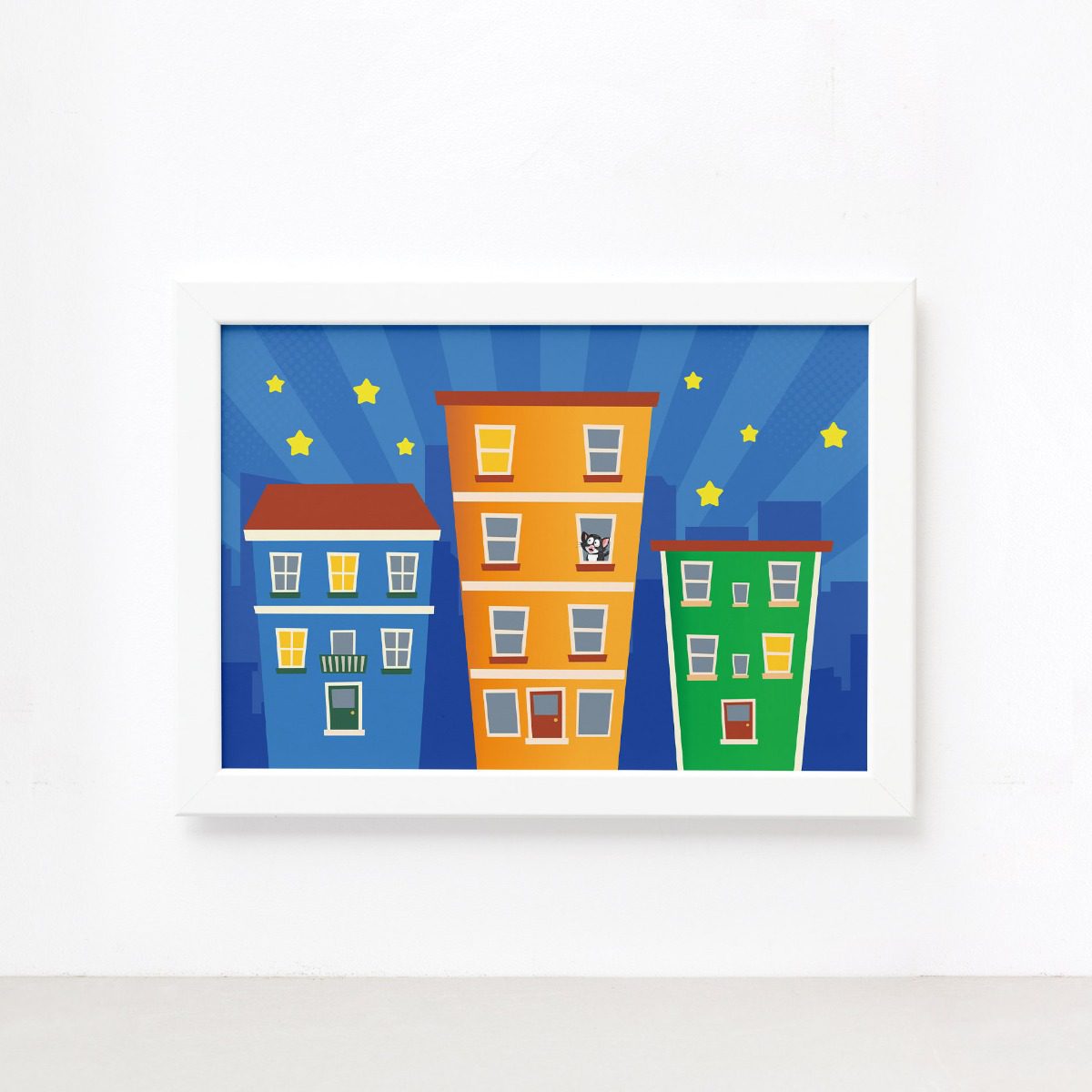 Quadro Super Heróis Cidade e Prédios Moldura Branca 22x32cm