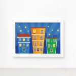 Quadro Super Heróis Cidade e Prédios Moldura Branca 33x43cm