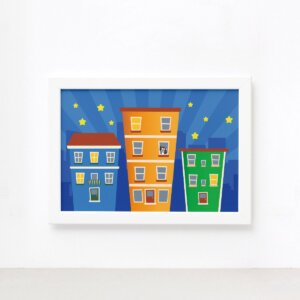 Quadro Super Heróis Cidade e Prédios Moldura Branca 33x43cm