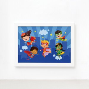 Quadro Super Heróis na Cidade Moldura Branca 22x32cm