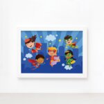 Quadro Super Heróis na Cidade Moldura Branca 33x43cm