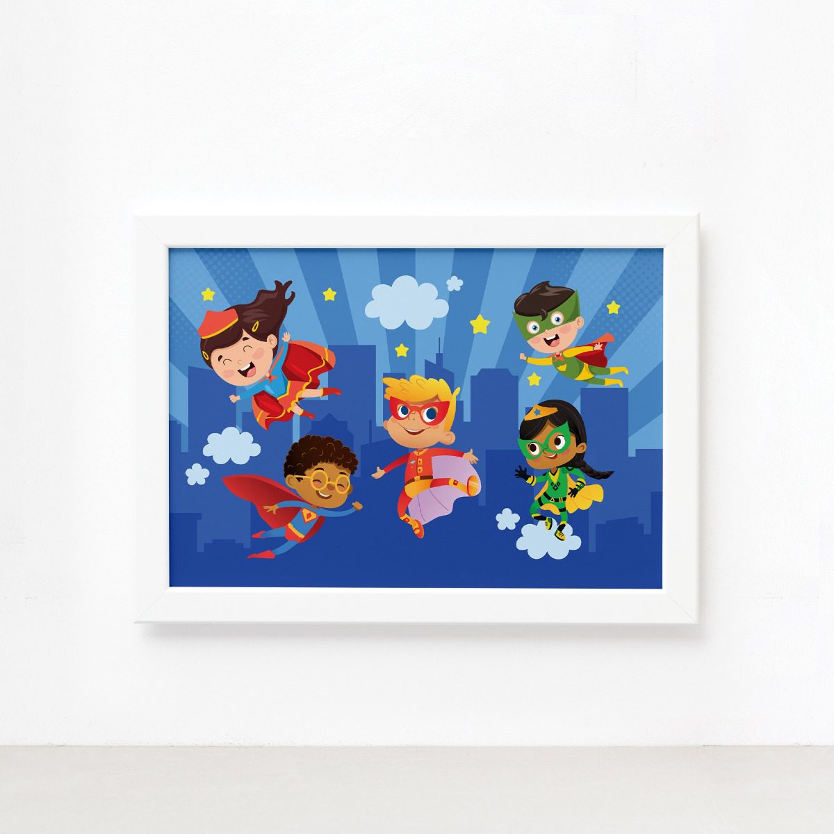 Quadro Super Heróis na Cidade Moldura Branca 33x43cm