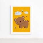 Quadro Infantil Urso e Abelhas Moldura Branca 22x32cm