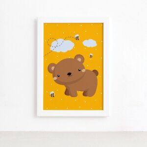 Quadro Infantil Urso e Abelhas Moldura Branca 22x32cm