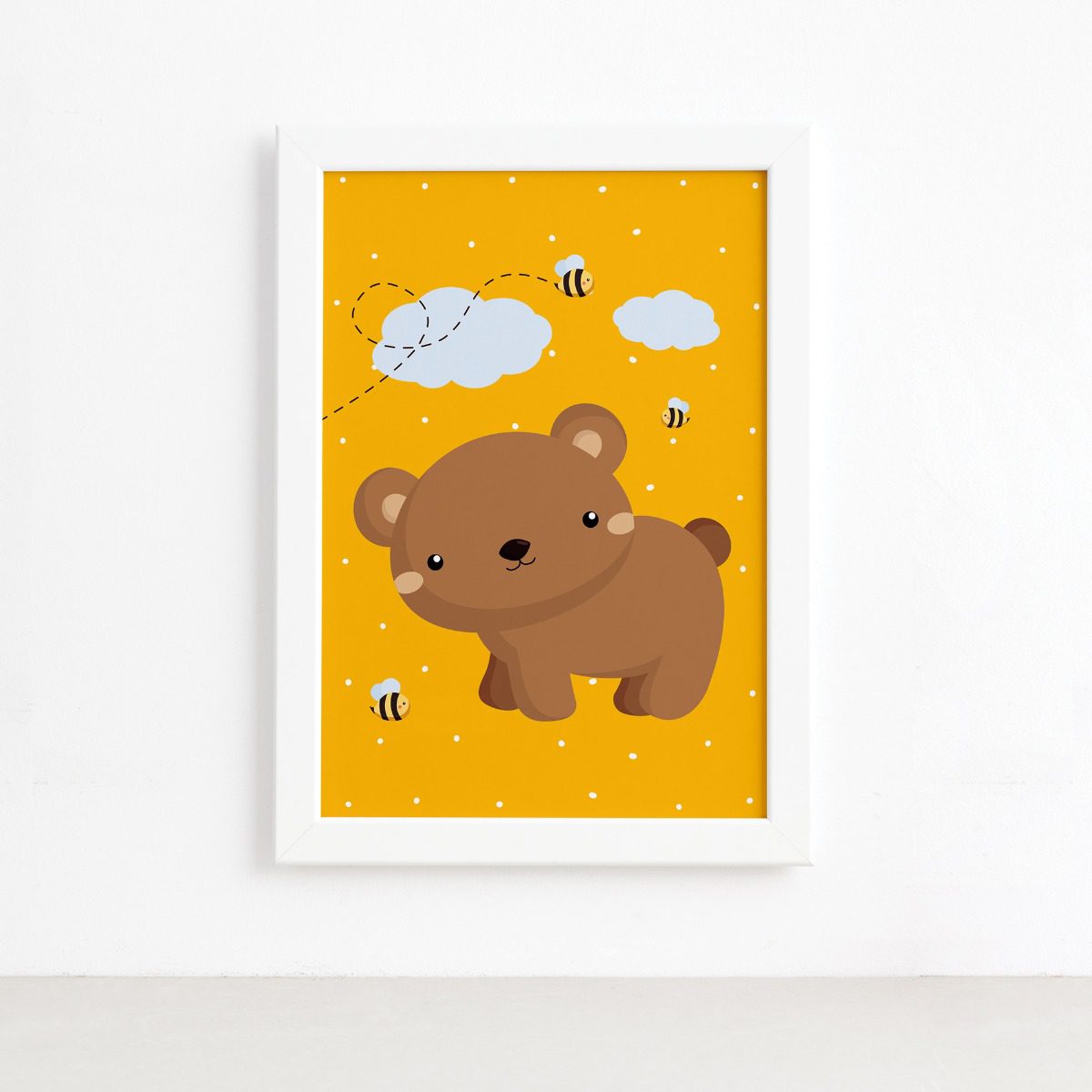 Quadro Infantil Urso e Abelhas Moldura Branca 33x43cm