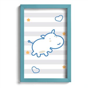 Quadro Infantil Hipopótamo Azul 22x32cm Moldura Azul