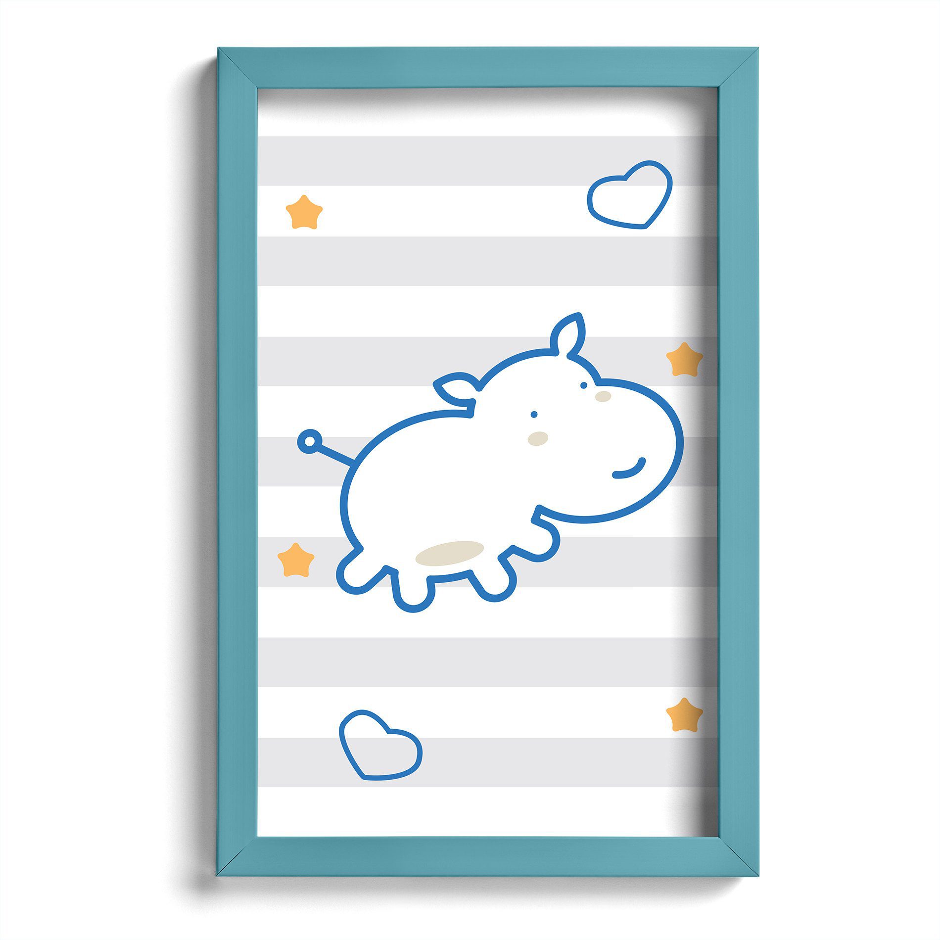 Quadro Infantil Girafa e Hipopótamo Azul Kit 4un Moldura Azul