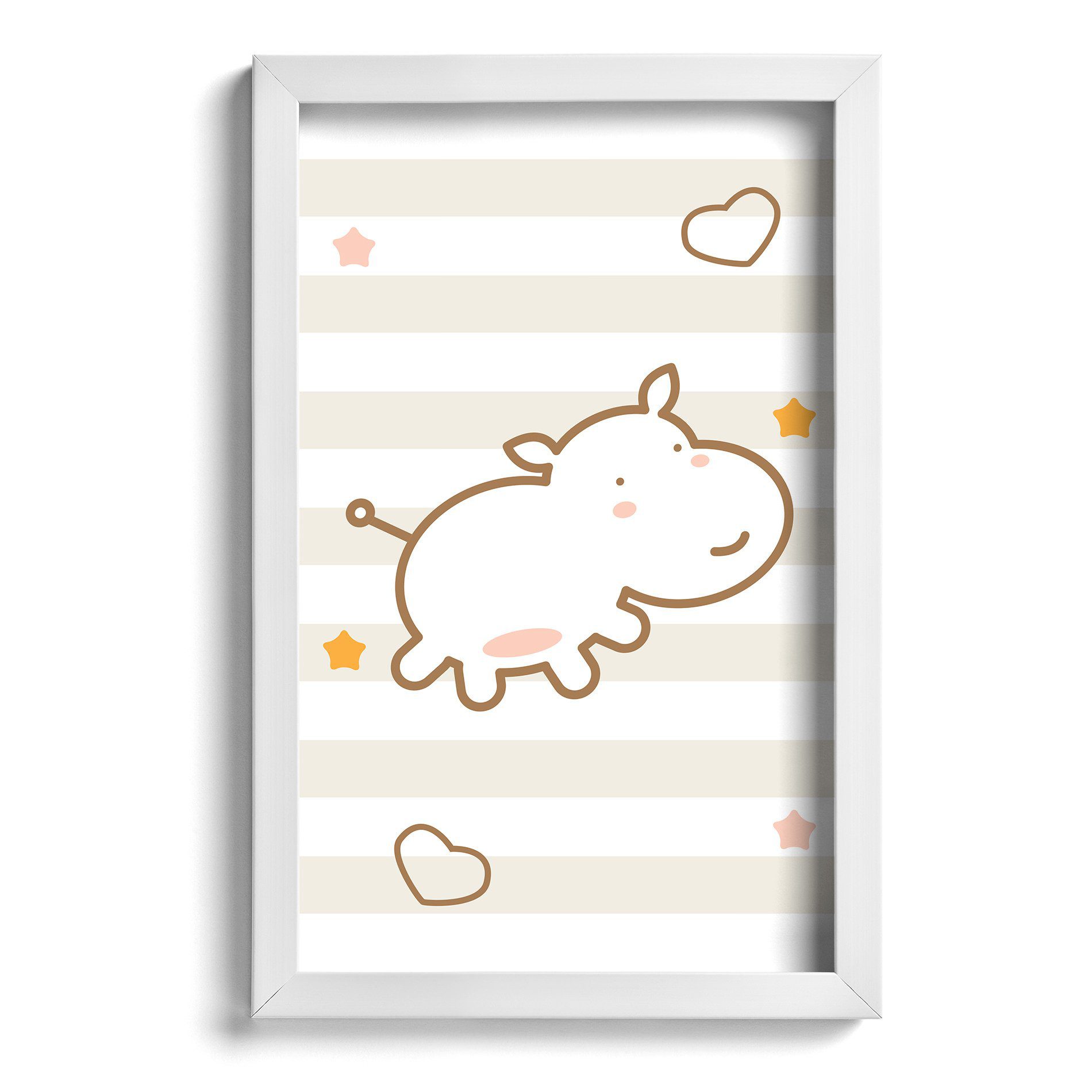 Quadro Infantil Hipopótamo Marrom 22x32cm Moldura Branca 