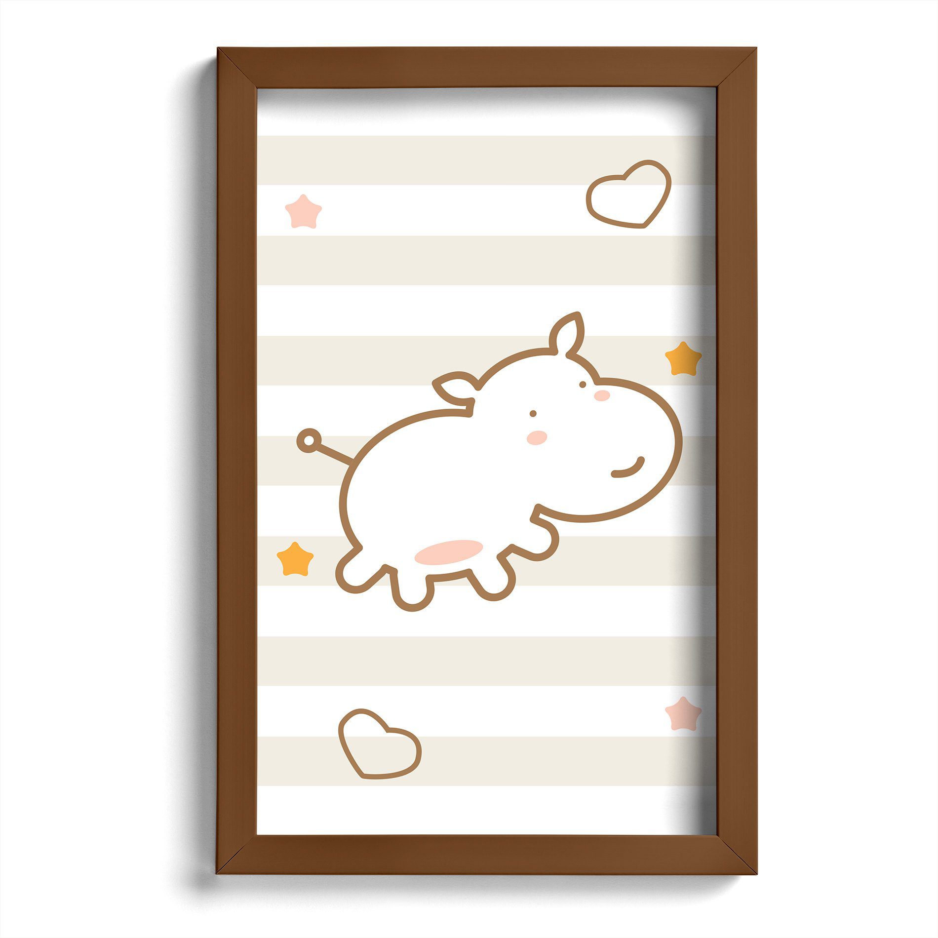 Quadro Infantil Girafa e Hipopótamo Marrom Kit 4un Moldura Marrom