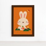 Quadro Infantil Coelho e Borboleta Moldura Marrom 33x43cm