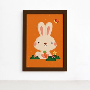 Quadro Infantil Coelho e Borboleta Moldura Marrom 33x43cm