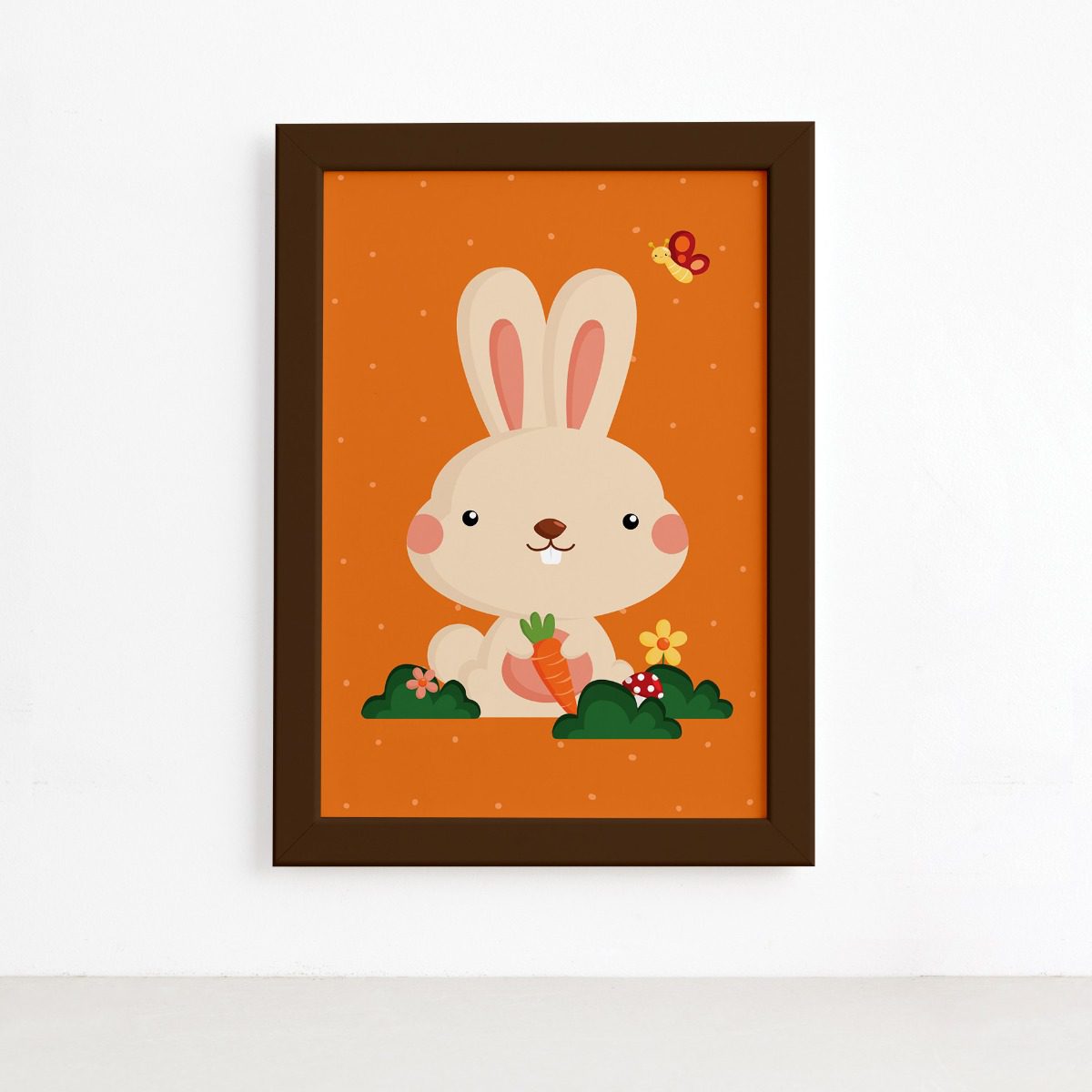 Quadro Infantil Coelho e Borboleta Moldura Marrom 33x43cm