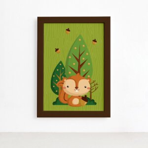 Quadro Infantil Esquilo e Nozes Moldura Marrom 22x32cm
