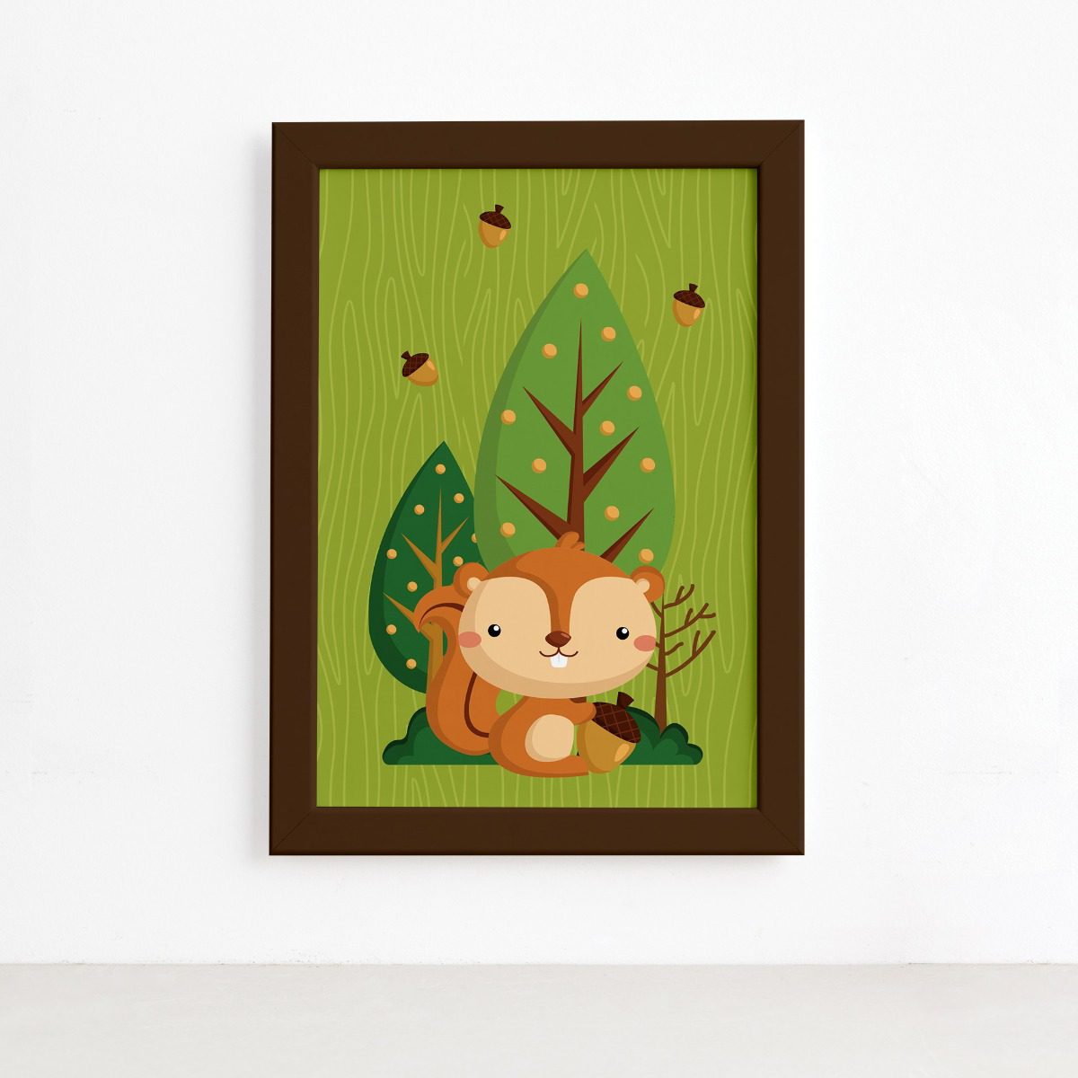 Quadro Infantil Esquilo e Nozes Moldura Marrom 22x32cm